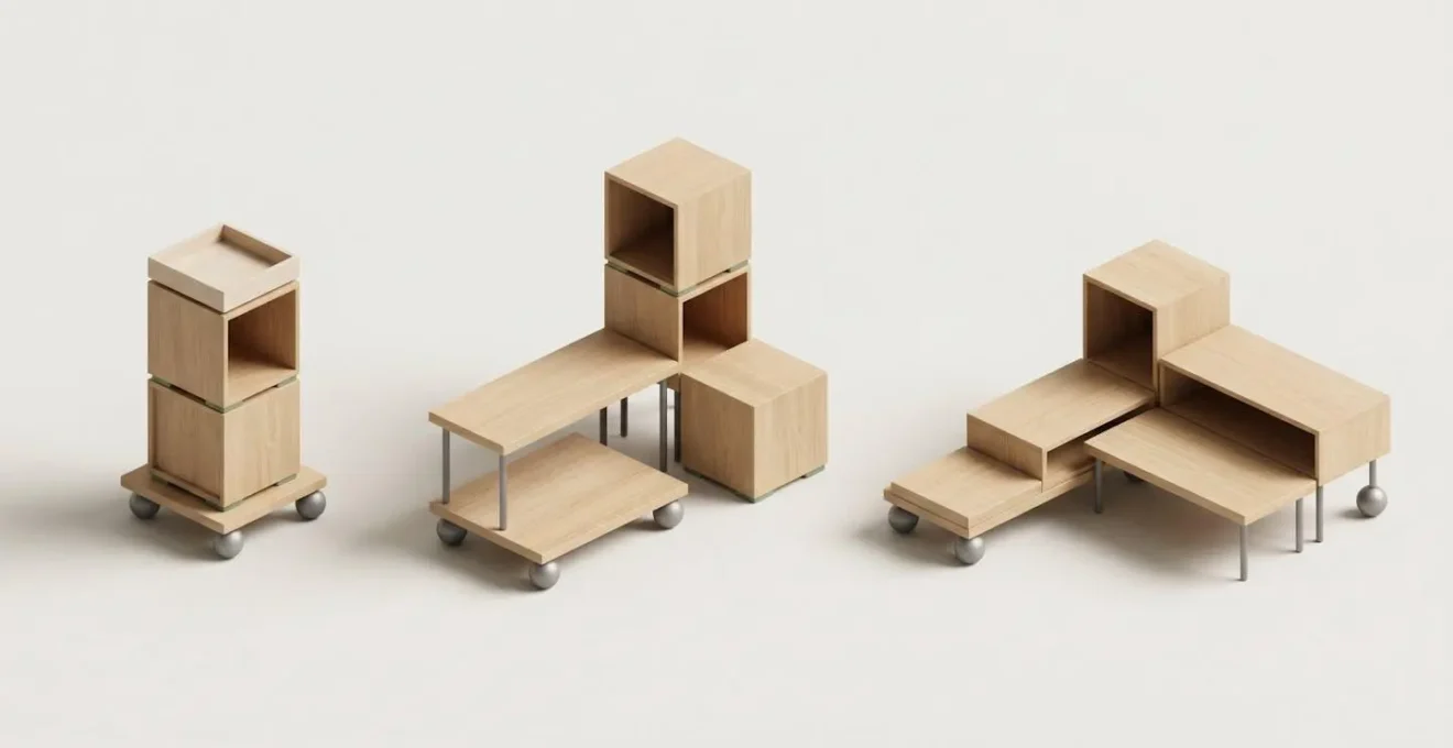 Composition isométrique 3D de modules de mobilier en bois clair et métal, montrant trois configurations différentes des mêmes éléments pour illustrer la modularité