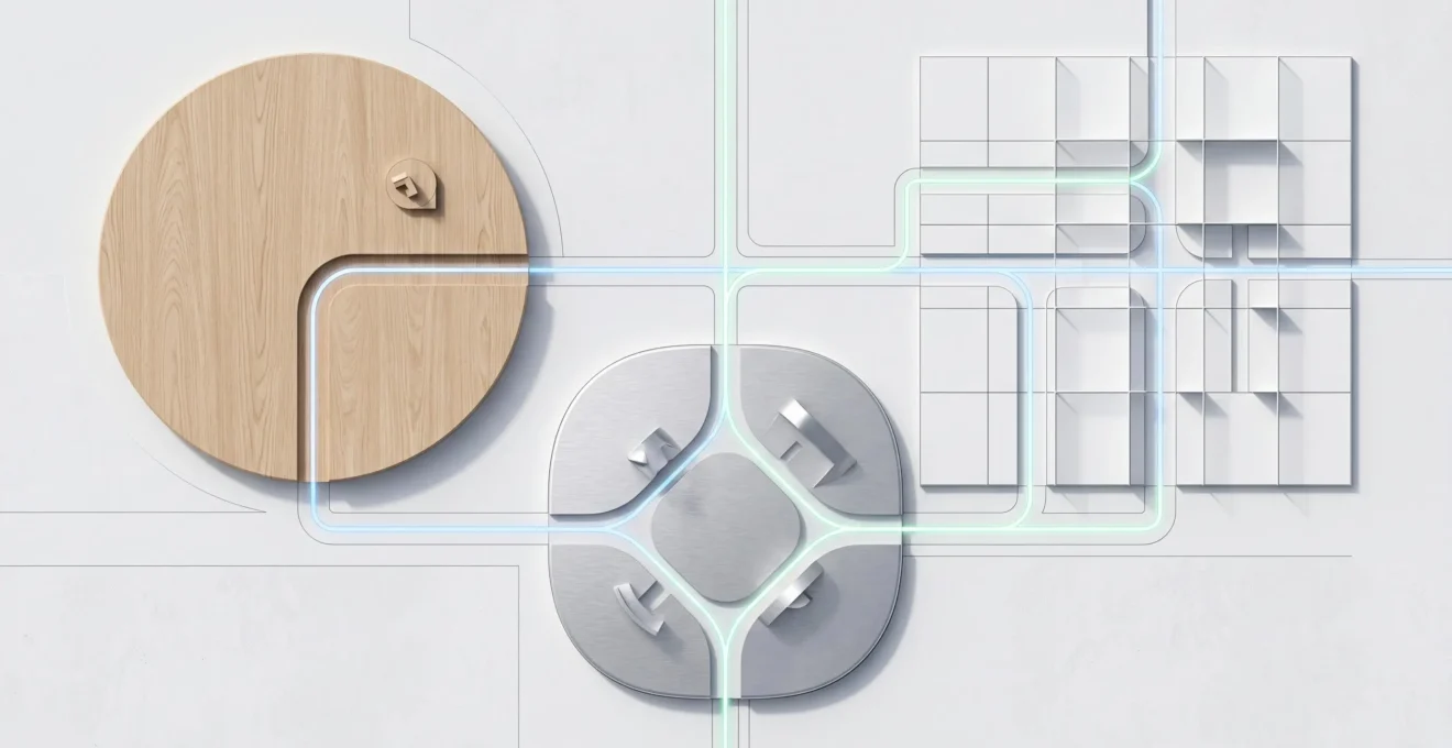 Vue aérienne d'un plan architectural abstrait montrant trois zones géométriques distinctes interconnectées par des lignes de flux, symbolisant différentes configurations de bureaux collaboratifs