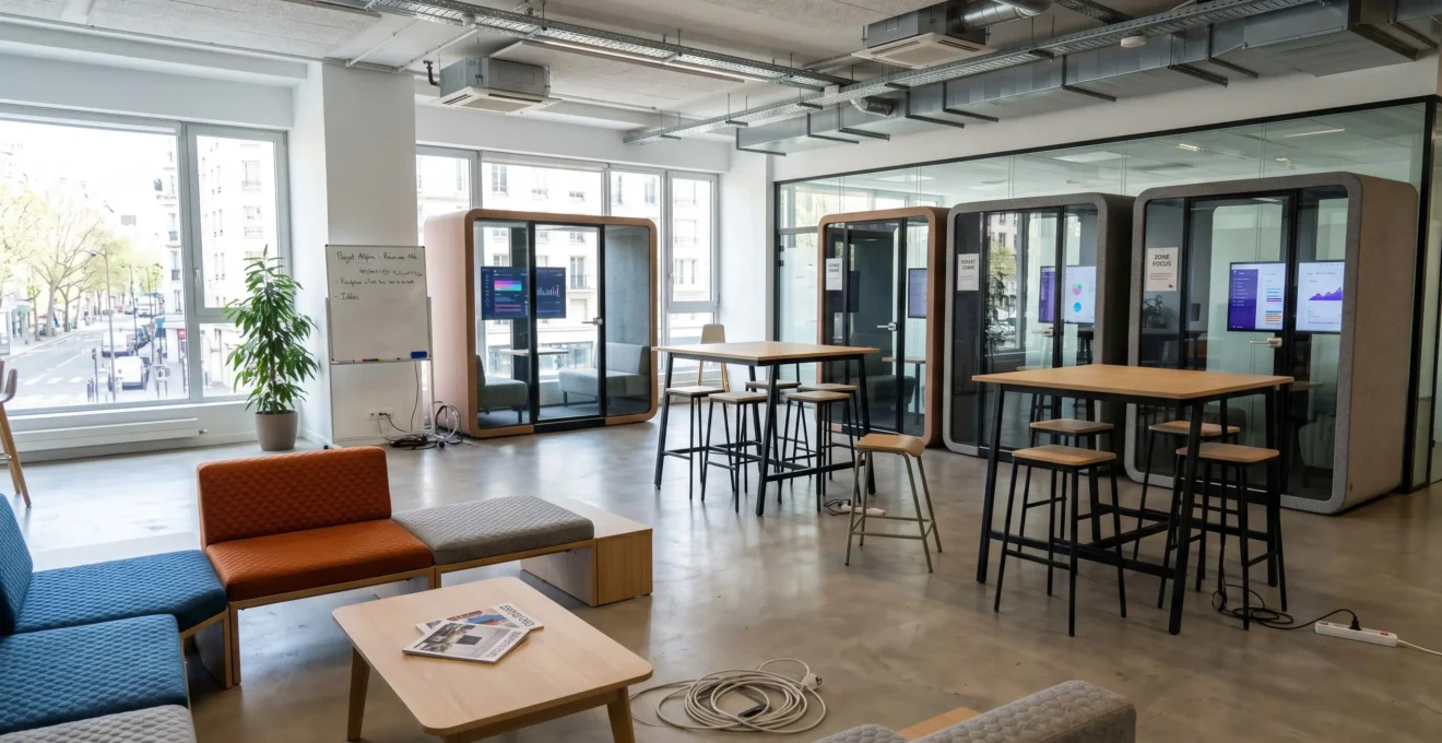 Vue aérienne d'un plan architectural abstrait montrant trois zones géométriques distinctes interconnectées par des lignes de flux, symbolisant différentes configurations de bureaux collaboratifs