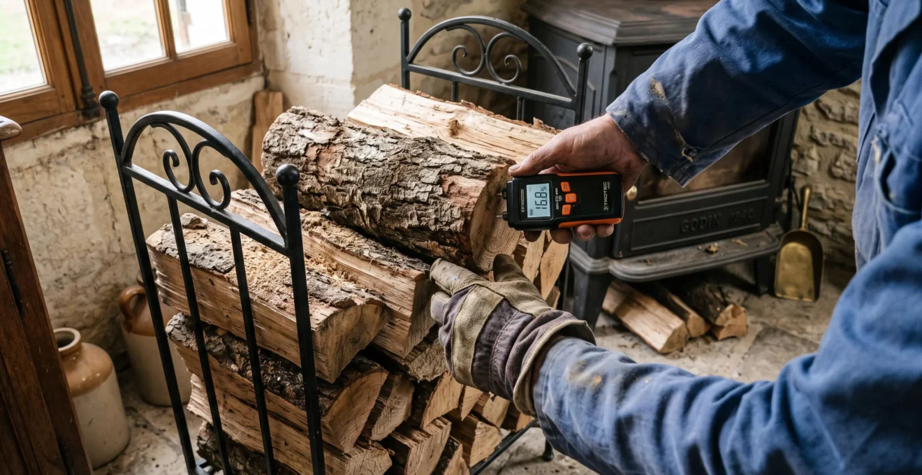 Des mains vérifient l'humidité d'une bûche avant de ranger le bois près du poêle.